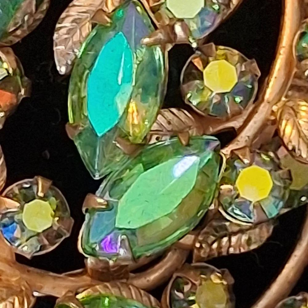 Goldtone Vines And Leaves Brooch With Green And Ab Rhinestones